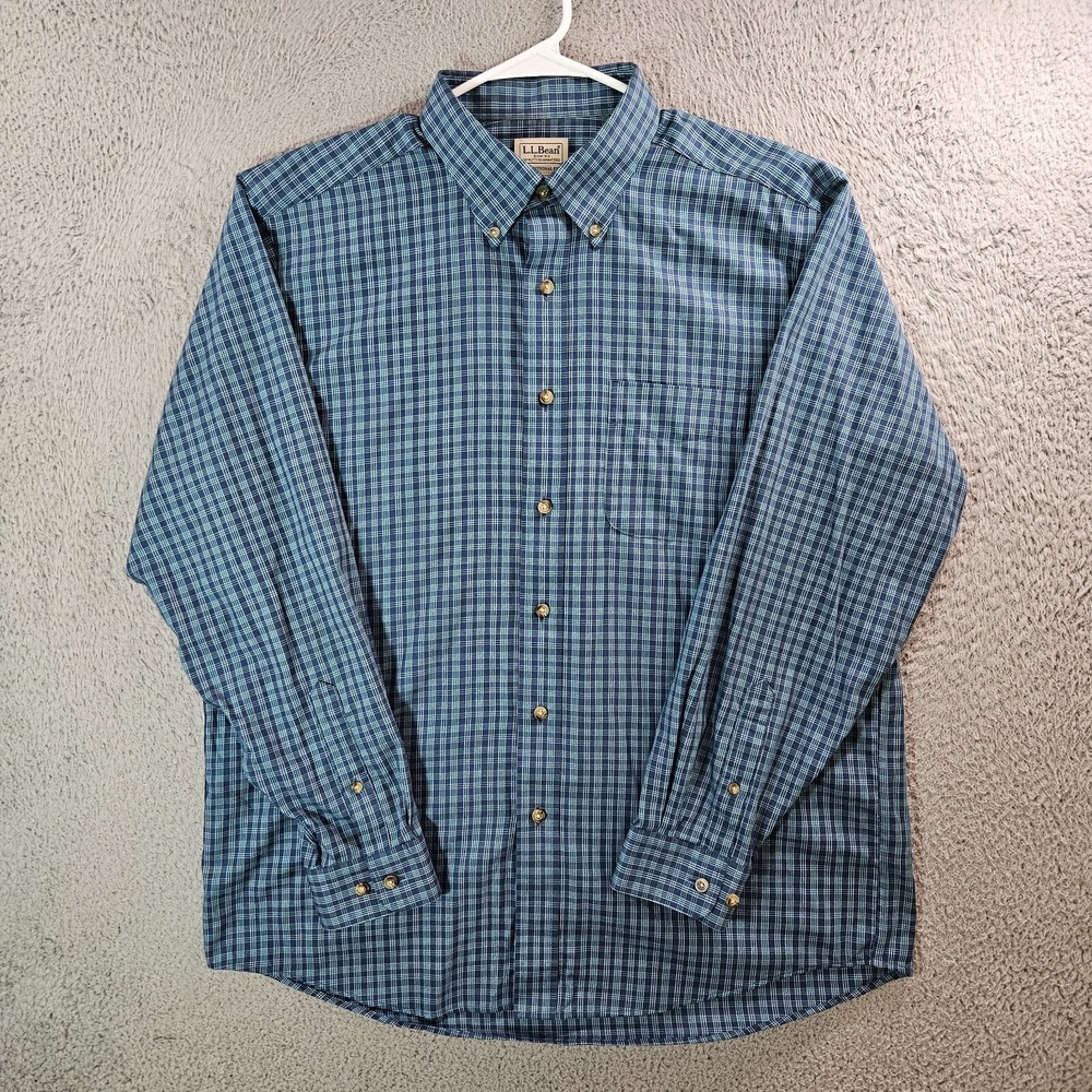 LL Bean Shirt‎ Men Large Button Up Long Sleeve Blue Green Plaid